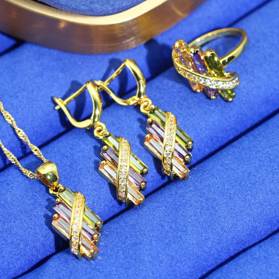 XOTICA Women's Gold Plated Multicolor Zircon Jewelry Set Square Earrings Necklace Pendant Ring for Wedding Parties Classic Bridal Gifts