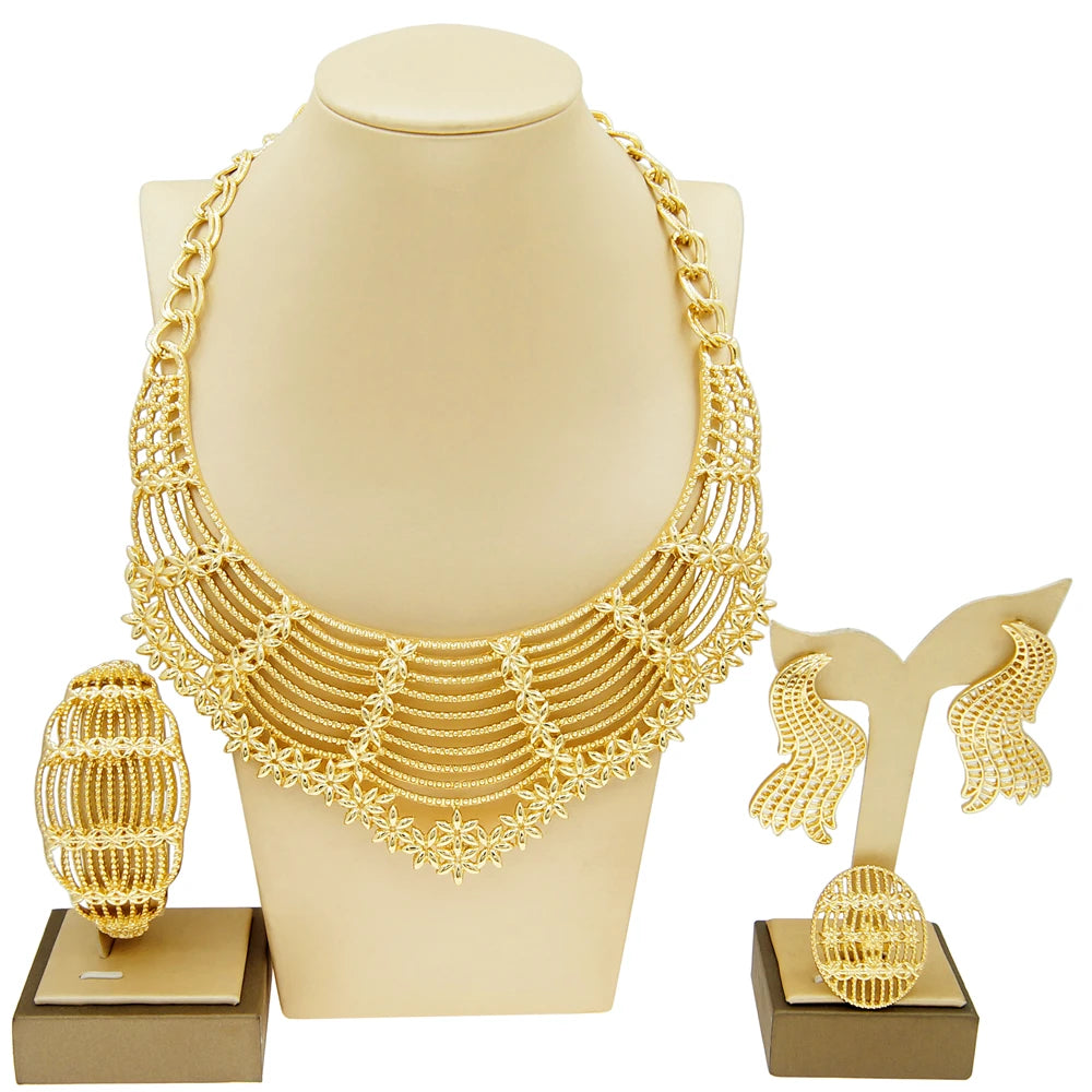 Zhuerrui 18k Pleated Personalized Necklace Bracelet Earrings Ring Jewelry Sets Italian Gold Plated Women's Jewelry Set H00533