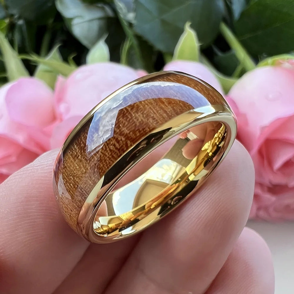 Coolstyle Jewelry 8mm Gold Tungsten Carbide Ring for Men Women Fashion Engagement Wedding Band Koa Wood Inlay Comfort Fit