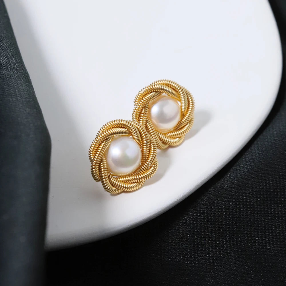 Natural Freshwater Pearl Gold Wire Lace Earrings Korean Style Women Luxury Jewelry Fashion Ladies and Girls Gift GE1566