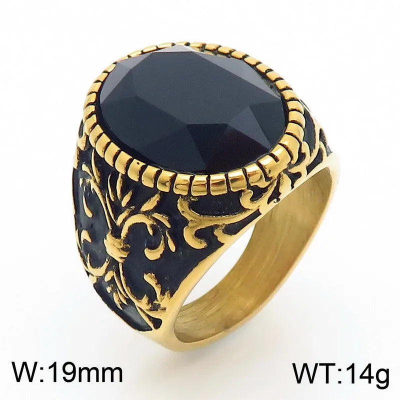 Kalen Vintage Viking Jewelry Luxury Court Style Gemstone Carved Zircon Inlays Stainless Steel Men Rings