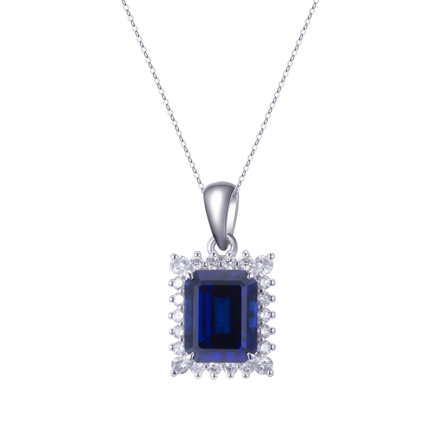 Messi Jewelry  18k White Gold Emerald Cut Royal Blue Lab Grown Sapphire Pendant Necklace