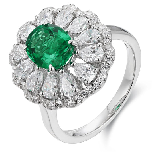 Gemfiori S925 Silver Cultivated Emerald Ring Main Stone: 1.705CT Side Stones:3.63CT Weight: 5.82g