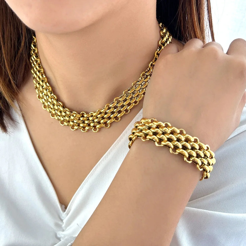 REBEL Hip Hop Fashion Jewelry Sets 18K Gold Stainless Steel Multilayer Woven Wide Chain Necklace and Bracelet Jewelry Sets for Women