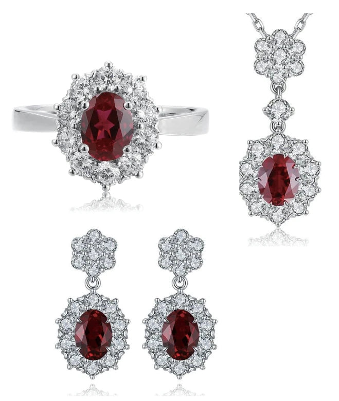 Gemfiori Bridal Jewelry Set Sterling 925 Silver Lab Grown Ruby Ring Necklace Earrings Ladies' Jewelry Set for Her Weddings Party