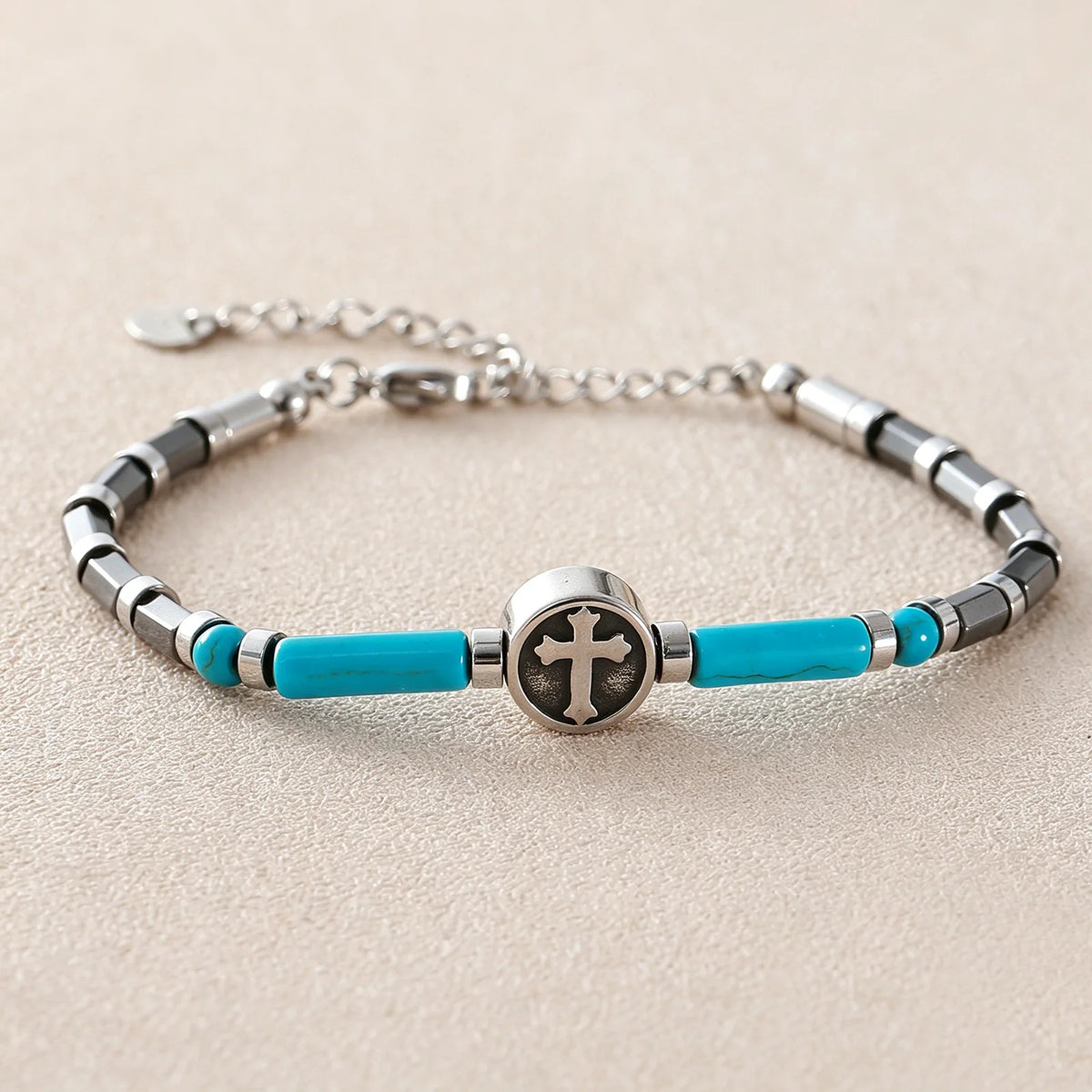 XOTICA Handmade Stainless Steel Chain Hematite Spacer Natural Stone Turquoise Beaded Cross Bracelet Fashion Jewelry Gifts for Men