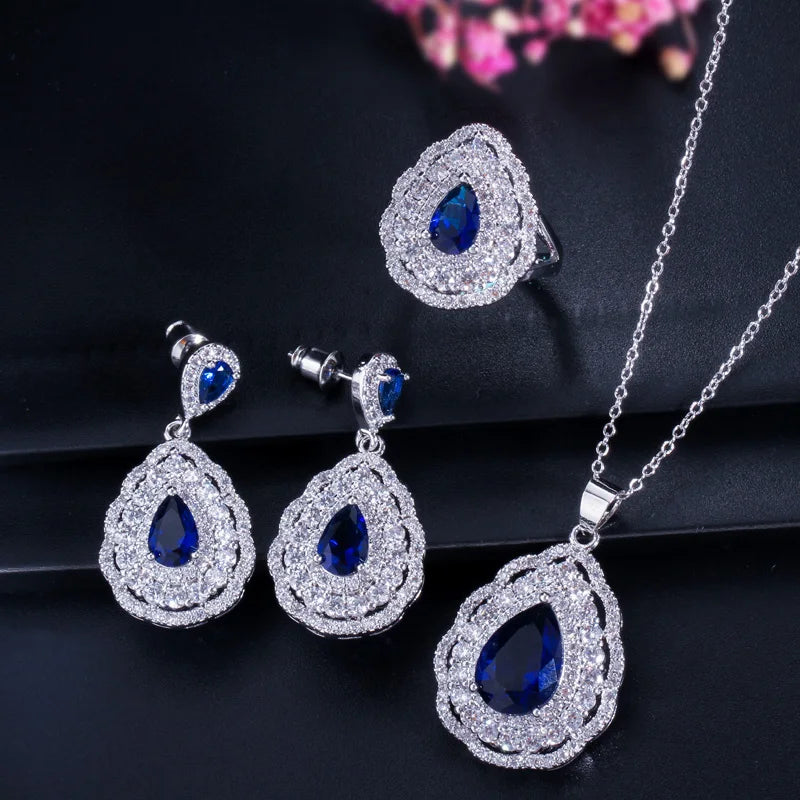 3 Layers Cubic Zircon Paved Purple Big Water Drop Silver Color Women Wedding Engagement Jewelry Set of Earrings Necklace Ring