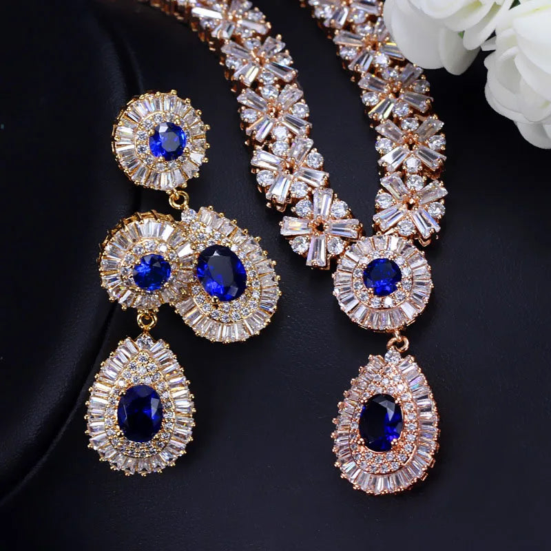 Popular American Style Full Cubic Zircon Inlay Water Drop Shape Pendant Wedding Bridal Jewelry Set for Women Honorable Jewelry