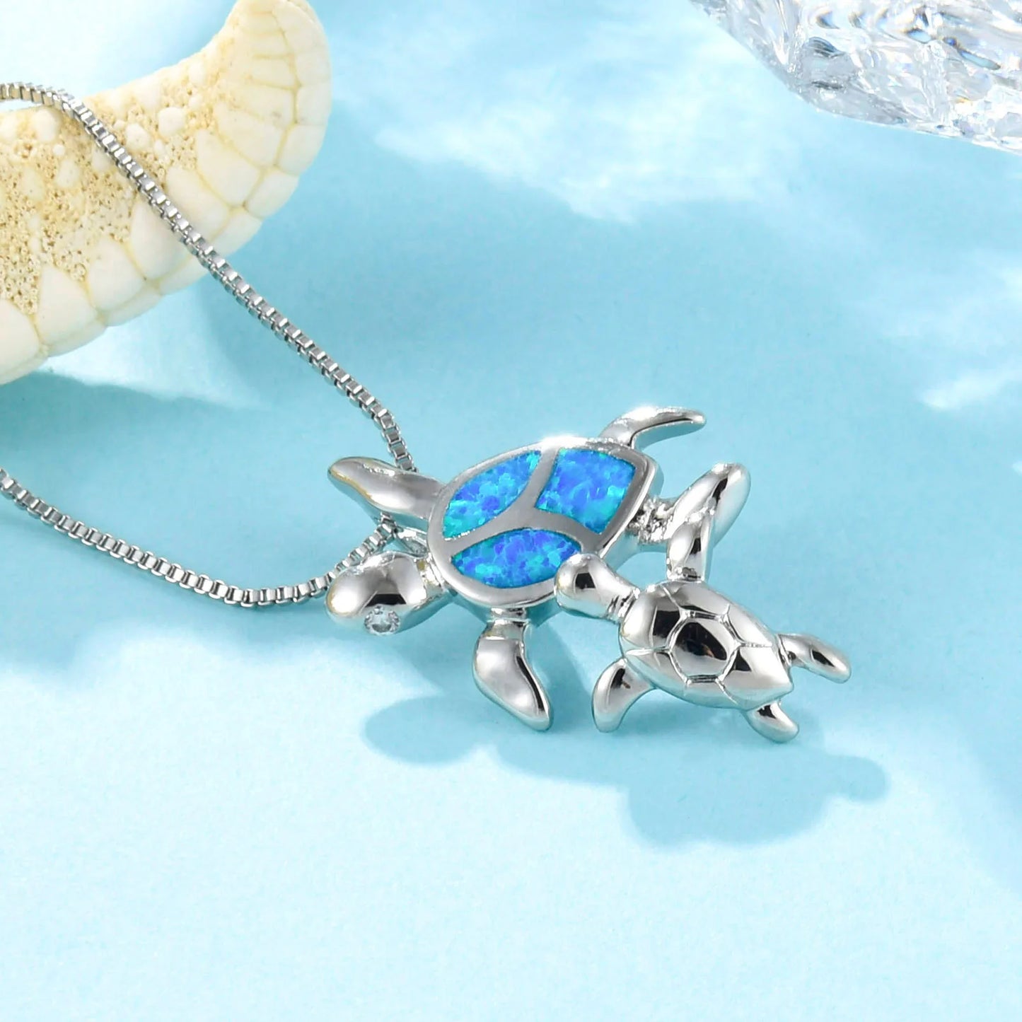 TikTok Ins Viral Blue Opal Double Turtle Pendant Necklace | Cute Animal Statement Jewelry Wholesale