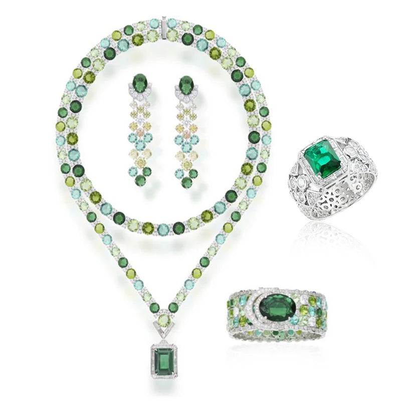 High-End Dubai-Inspired Double-Layer Green Necklace Earrings Set Exaggerated Zircon Trendy Wedding Jewelry for Women Engagement