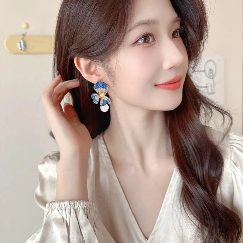 Hot Sale Micro-Inlaid Zircon Flower Earrings Pearl Drop Earrings Elegant Luxury Studs Earrings Women Jewelry Gift