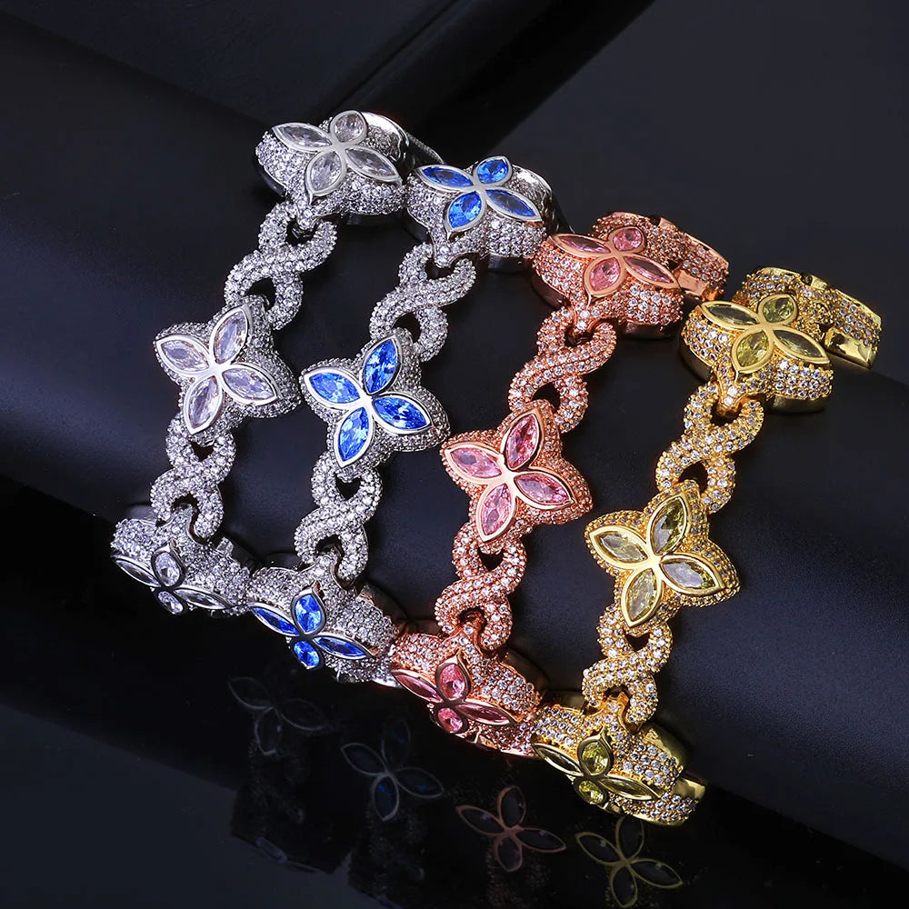REBEL European American Hip Hop Four Leaf Clover 8-Character Chain Cuban Link Unisex Iron Plant Pattern High-End Bracelet
