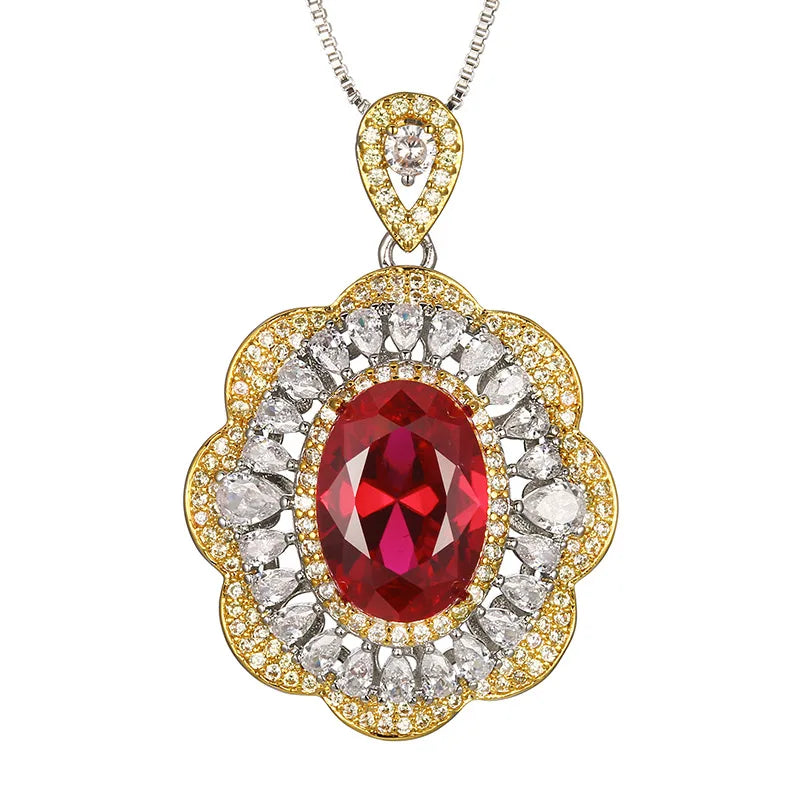 REDheart Brass Zircon Gold-Plated Wavy Open Ring Simulation Blue Pointed Crystal Niche Trendy Engagement Party Pendant Necklace Set