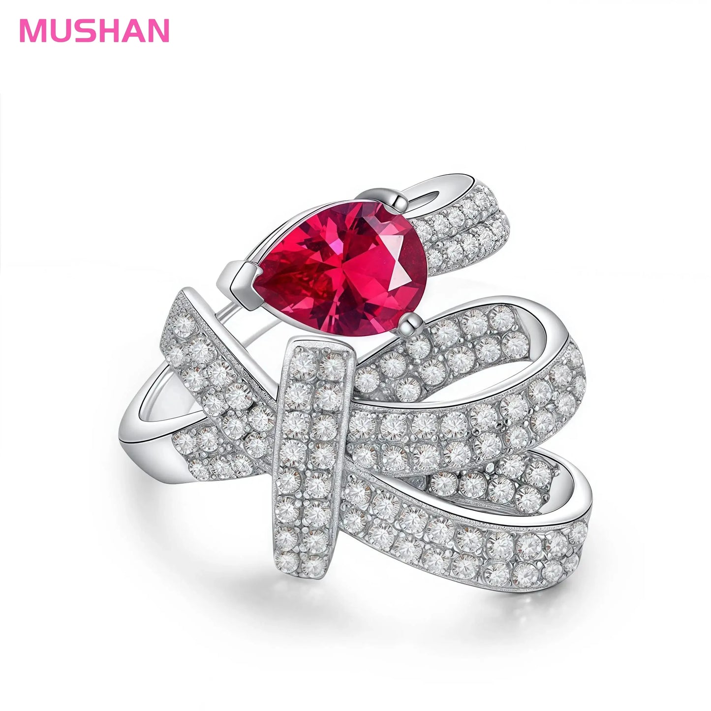 MUSHAN Jewelry Factory 1ct Water Drop Ruby Lab Grown Gemstones Diamond Rings Women Adjustable Opening 925 Sterling Silver Ring