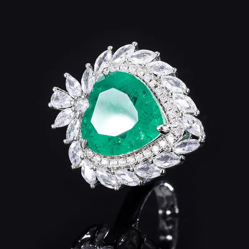 Gemfiori New Luxury Emerald Fusion Heart Gemstone Pendant Necklace Box Chain Emerald Green Gem Ring Ladies Women Wedding Jewelry Set Gift