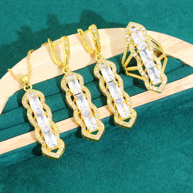 XOTICA Exquisite White Zircon Gold Color Jewelry Set for Women Wedding Earrings Necklace Pendant Ring Bracelet for Parties Engagements