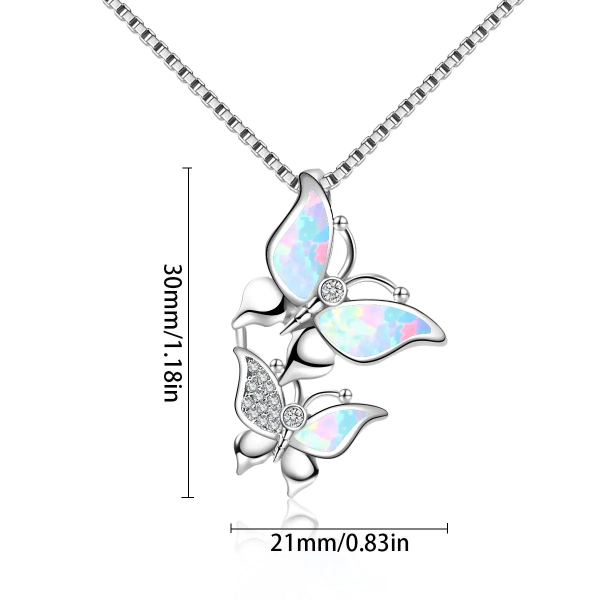 Fashion Double Butterfly Christian Lariat Necklace with Blue Opal Inlay Box Chain Silver Plated Copper for Women