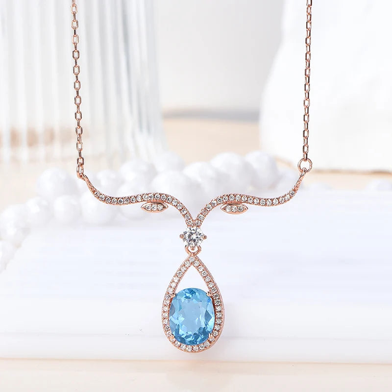 Gioiellieri Factory Supply High Quality 925 Sterling Silver Women's Rose Gold Plated Natural Topaz Choker Pendant Necklace Anniversary Party