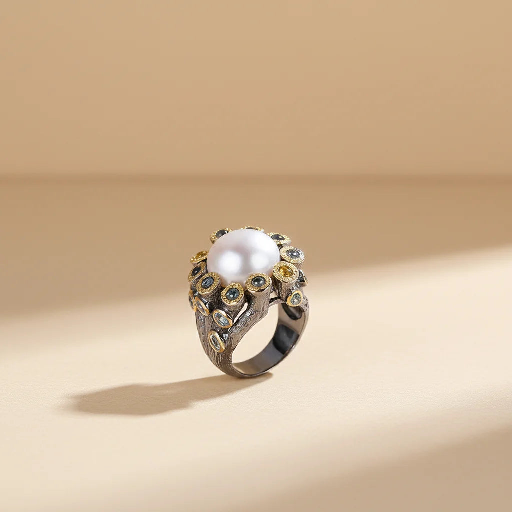 Freshwater Button Pearl 925 Sterling Silver Ring
