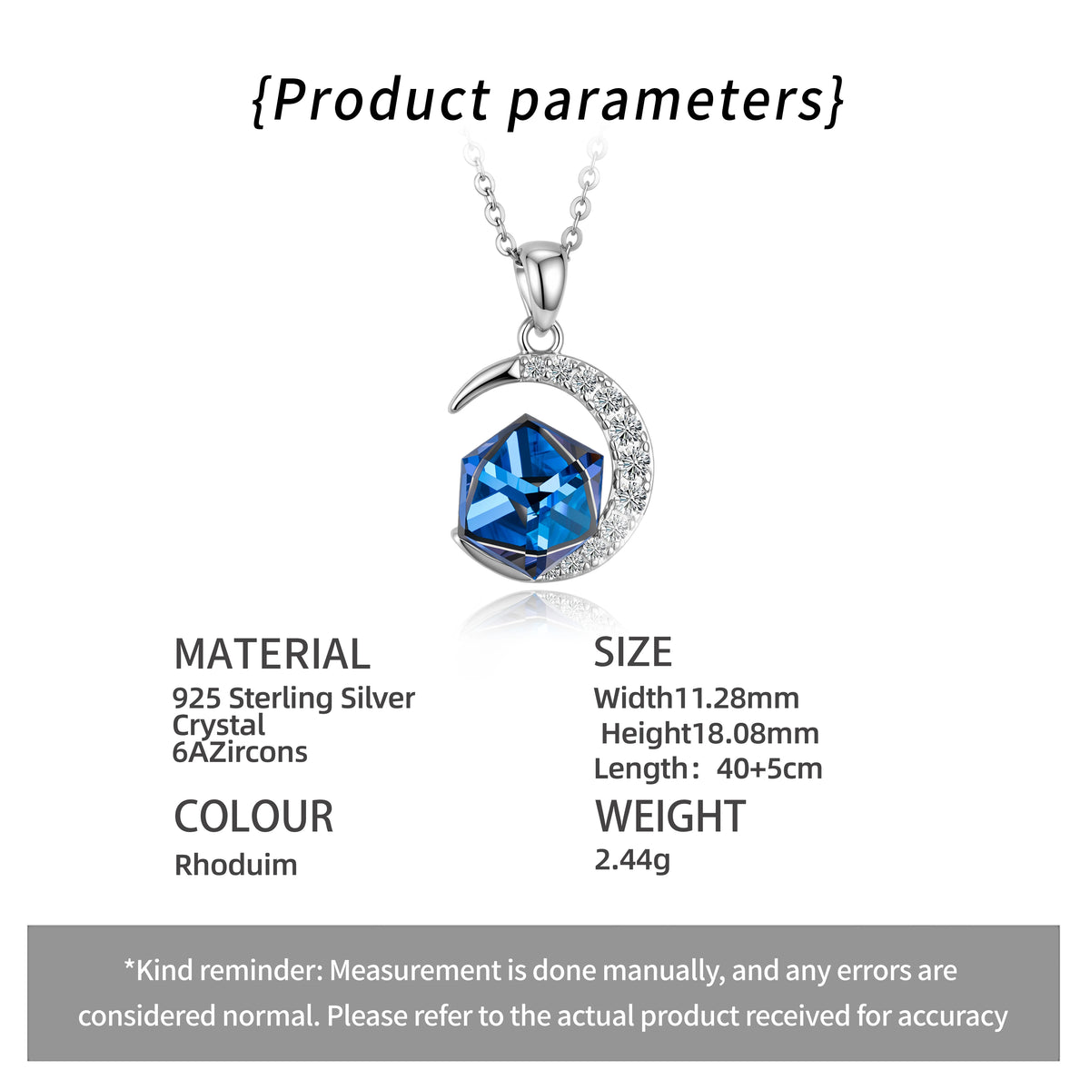 ArtistA OEM ODM 925 Sterling Silver Blue Austrian Crystal Moon Jewelry Set Necklace Stud Earrings for Women Anniversary Wedding Gift