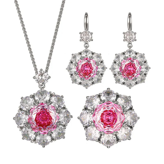 Fashion Eco-friendly Copper Wedding Jewellery Set Bridal 14-1mm Pink Red Zircon Round Pendant Bridal Matching Jewelry Set