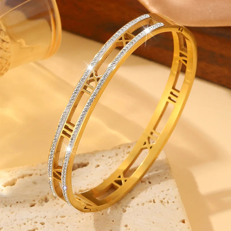REBEL Stainless Inoxydable Stainless Steel 18K Gold Plated Roman Women Fashion Jewelry Bracelets Bangles