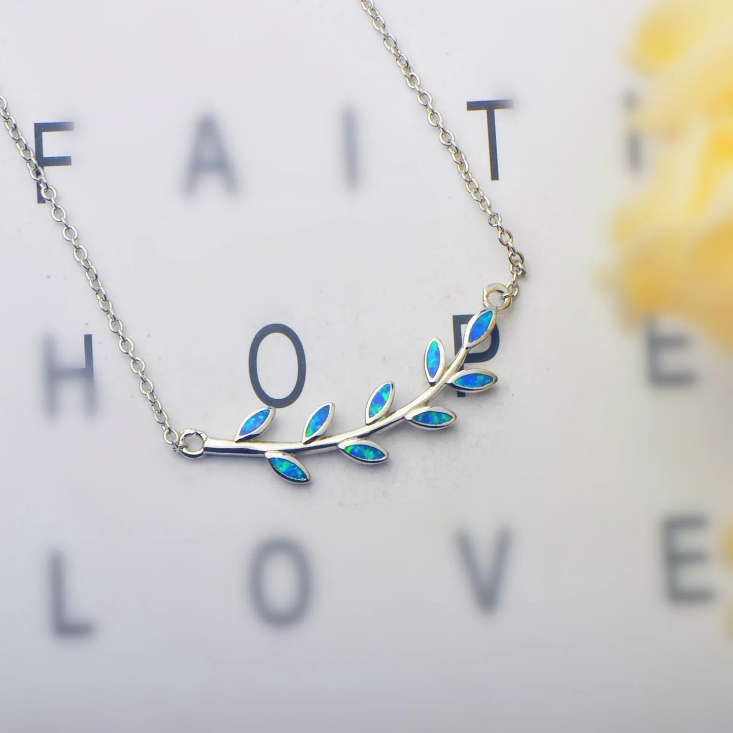 Aobao Silver Plated Copper Alloy Opal Leaf Necklace with Box Chain Christian Design for Women's Anniversary Gift