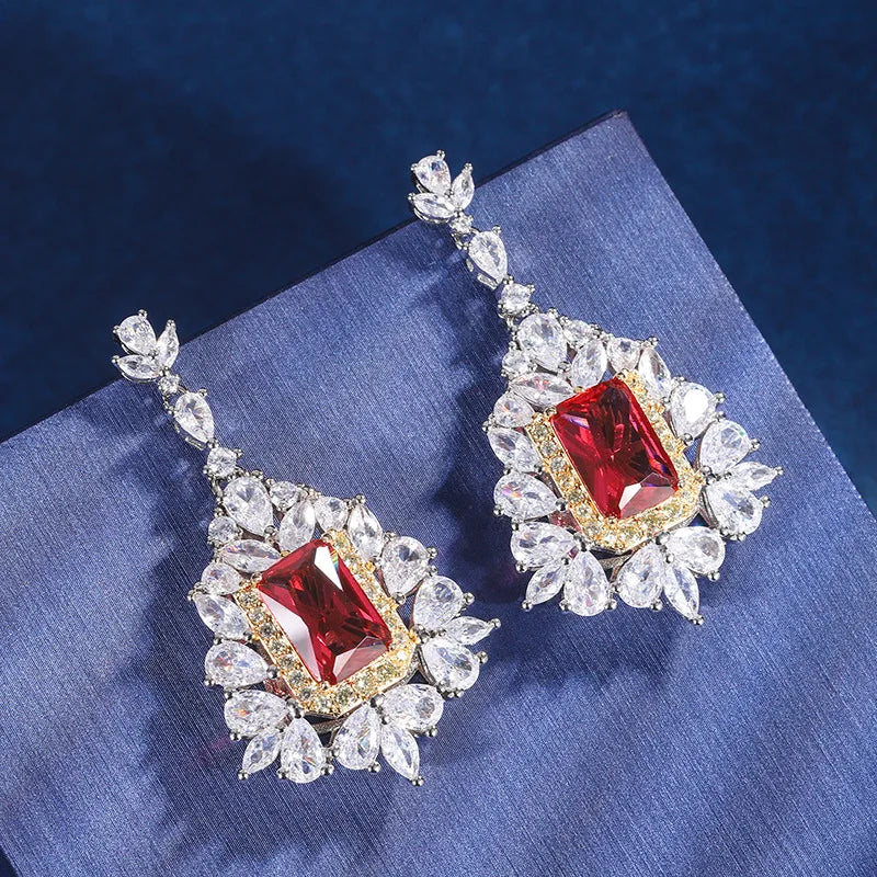 Gemfiori New Popular European and American Flower Shaped Pendant Earrings Set with Pomegranate Red Princess square Zircon Inlay