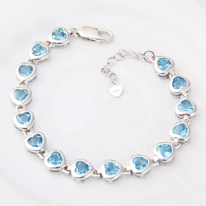 ArtistA Abiding Great Quality Natural Swiss Blue Topaz Chain Link Bangle 925 Sterling Silver Heart Shape Jewelry Bracelet for Women