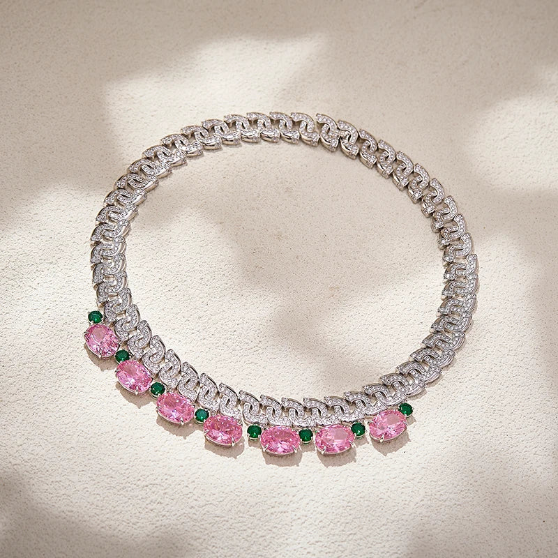 Exquisite Pink Zircon Bride Set S-shaped Full Diamond Necklace Earrings High End Customized Important Occasion Festival Jewelry