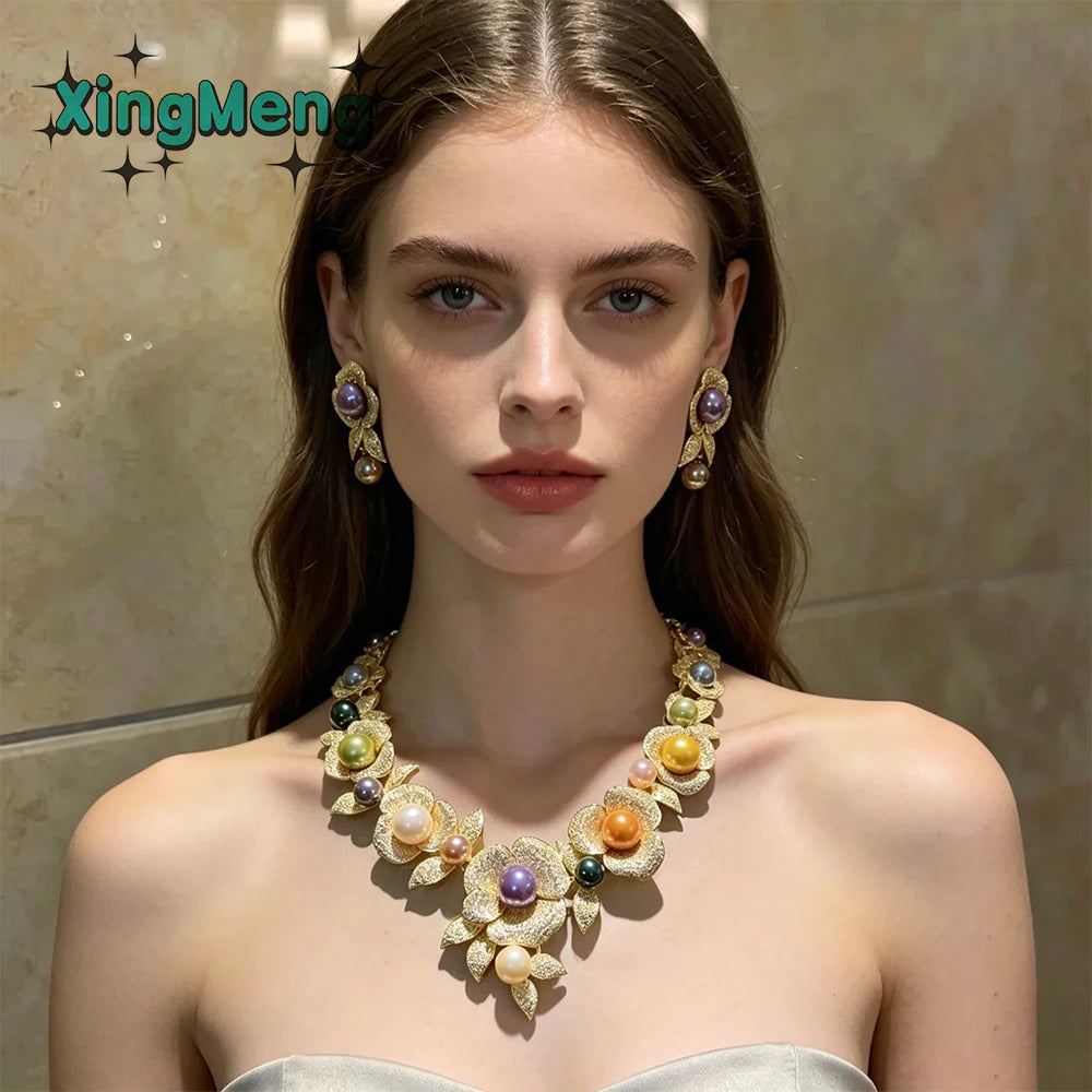 XM S206 Platinum Plated Gold Tone Multi Color Imitation Pearl Flower Statement Necklace Earrings Set for Anniversary Gift