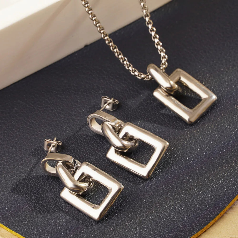 Geometric Square Chandelier Earrings & Pendant Necklace | Retro Stainless Steel Fashion Jewellery