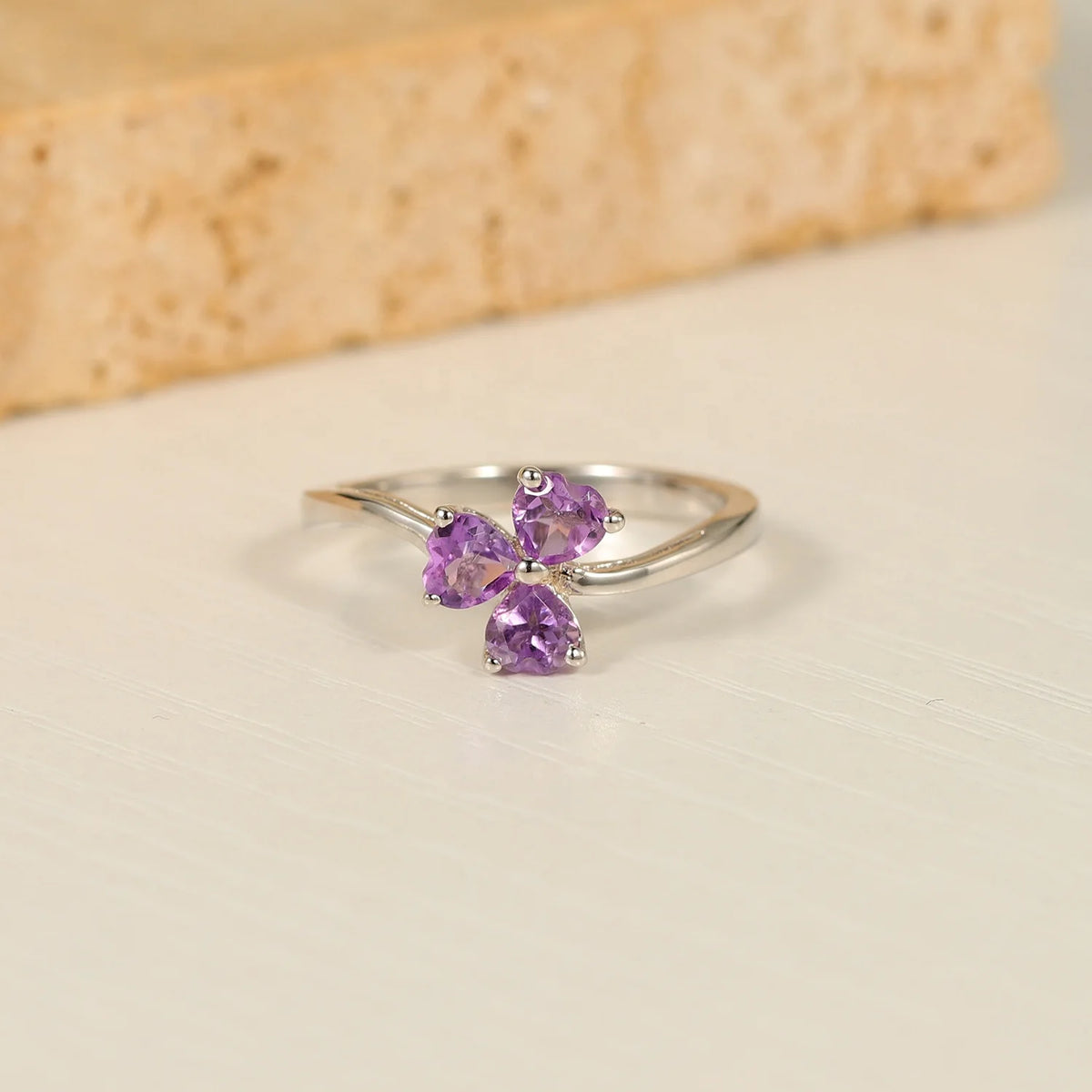 ArtistA A380 Abiding Delicate Curved Wave Shank Triple Heart Cut Natural Citrine Amethyst Rhodolite Topaz Gemstone Clover Flower Rings