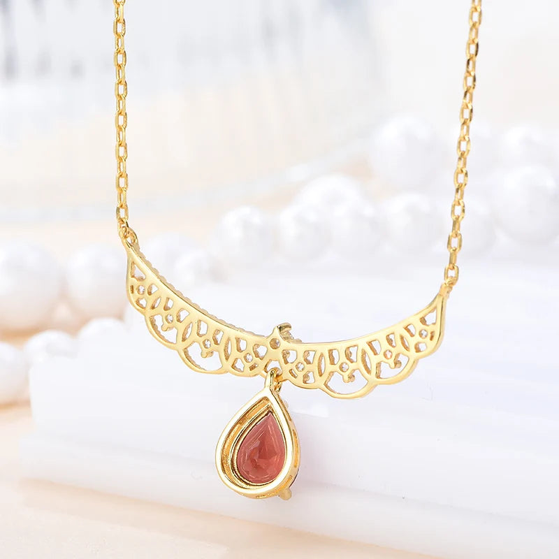 Gioiellieri Natural Garnet Pendant Necklace in 925 Sterling Silver 18K Gold Plated Luxury Jewelry for Anniversary & Party Gift