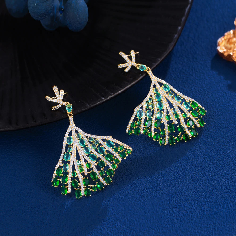 S&S Green CZ Oversized Tree Leaf Dangle Drop Earrings – 18K Gold Plated – Collection