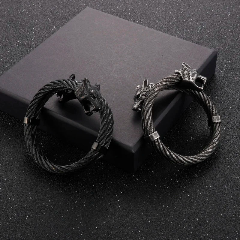 KALEN Punk Silver/Gold/Black/Oxidized Black Stainless Steel Wolf Head Cuff Bangle Bracelet