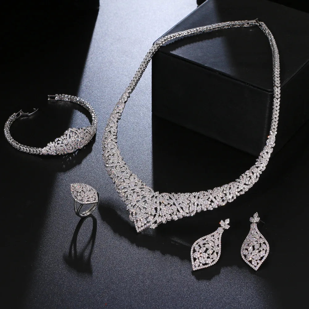 Luxury Sparkly Zirconia 4-Piece Indian & African Geometric Bridal Set — Gold & Rhodium Plated