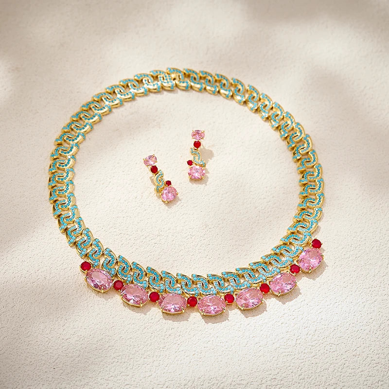New Pink Blue S-shaped Necklace Earrings Gold Plated Elliptical Colourful Zirconia Elegant Bridal Engagement Dress Set
