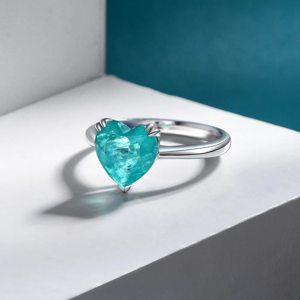 MuShan Jewelry Factory 925 Silver Synthetic Paraiba Ring Fashionable and Simple 4ct Heart Shaped 10*10 Ring for Women