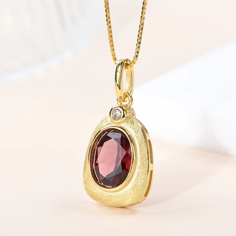 Gioiellieri Fashion Garnet Pendant Necklace Women 18K Gold Plated 925 Sterling Silver Chain Zircon Natural Stone Claw Setting CMA Certified