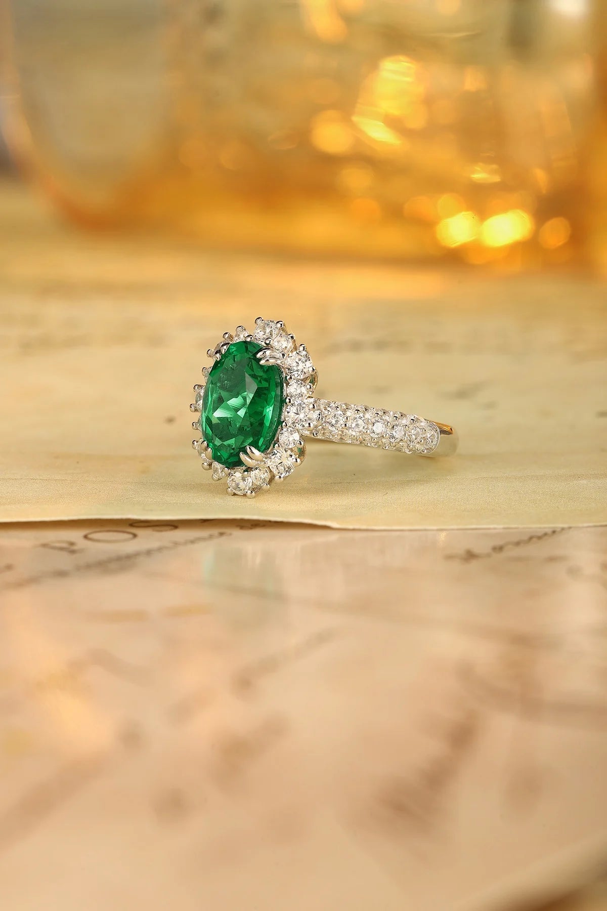 Gemfiori Vintage Rhodium Lab Grown Emerald Engagement Ring for Women 925 Silver Gemstone Birthstone Synthetic Diamonds Wedding