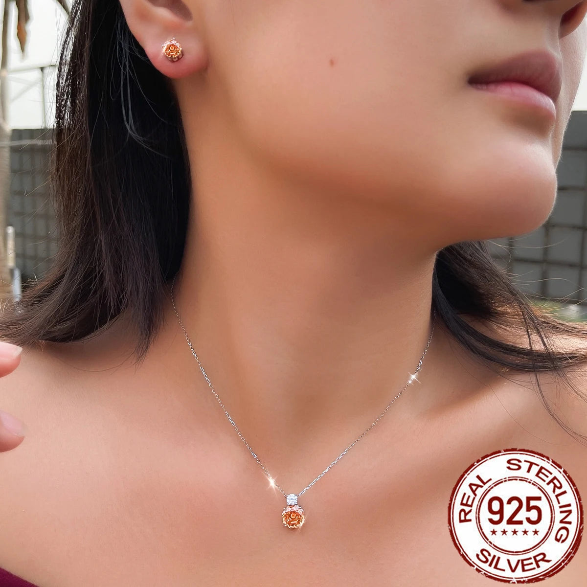 S&S 925 Sterling Silver Champagne Rose-Cut CZ Fine Jewellery Set – Necklace & Earrings – Collection