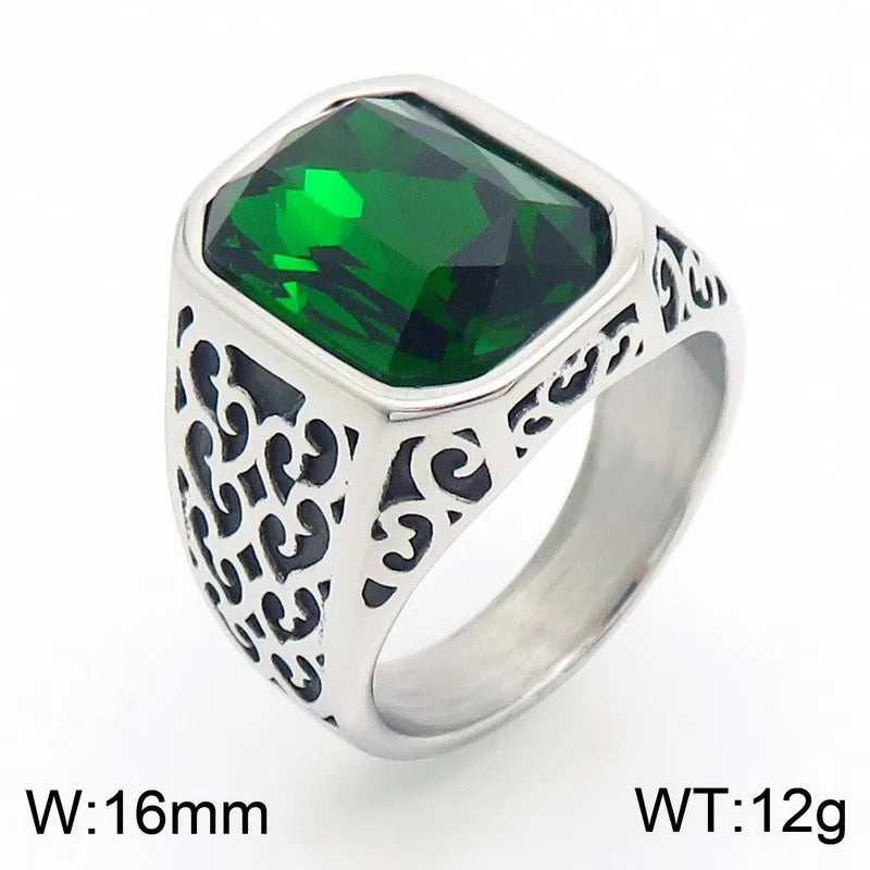 Kalen Vintage Viking Jewelry Luxury Court Style Gemstone Carved Zircon Inlays Stainless Steel Men Rings