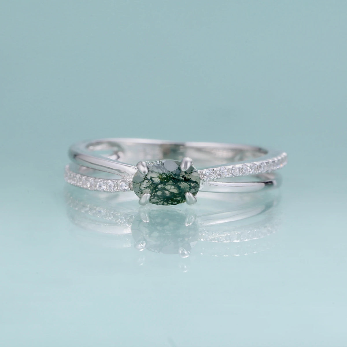 ArtistA Abiding Plated Silver 925 Natural Stone Ring Fancy Cut Natural Inspired Moss Agate Engagement Ring for Anniversary Bridal