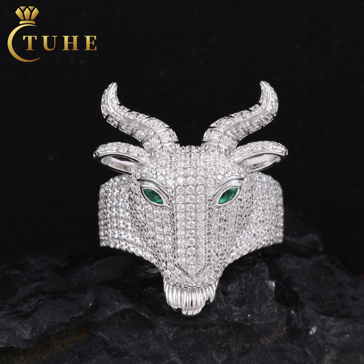 BiG-BOSS Hip Hop Mens Luxury Jewelry Gift Iced Out Bling 925 Sterling Silver VVS D Color Moissanite Evil Goat Gemstone Ring