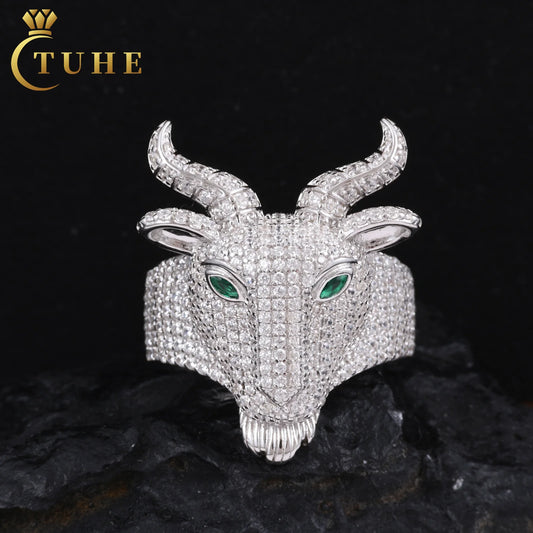 NEWLiFE BiG-BOSS Hip Hop Mens Luxury Jewelry Gift Iced Out Bling 925 Sterling Silver VVS D Color Moissanite Evil Goat Gemstone Ring | High Quality HIP-HOP Designer Jewellery for Men & Women