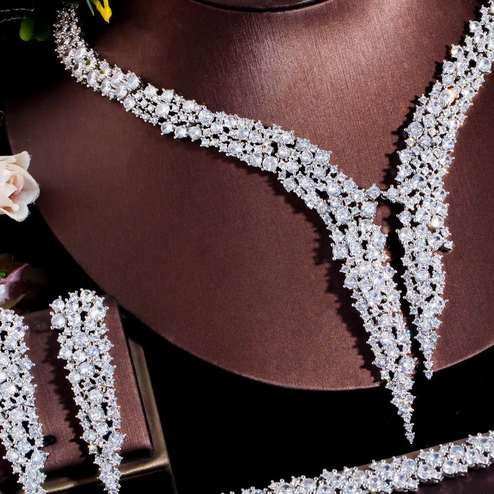 Dubai Brilliant CZ Heave Crystal Necklace Earrings Set 4Pcs Luxury Silver Women's Jewelry Dinner Party Wedding Bridal Gift