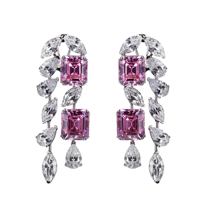 Messi Jewelry MSE-602 Silver Fancy Pink Asscher  Pear  Marquise High Carbon Diamond Cubic Zirconia Fancy Earings