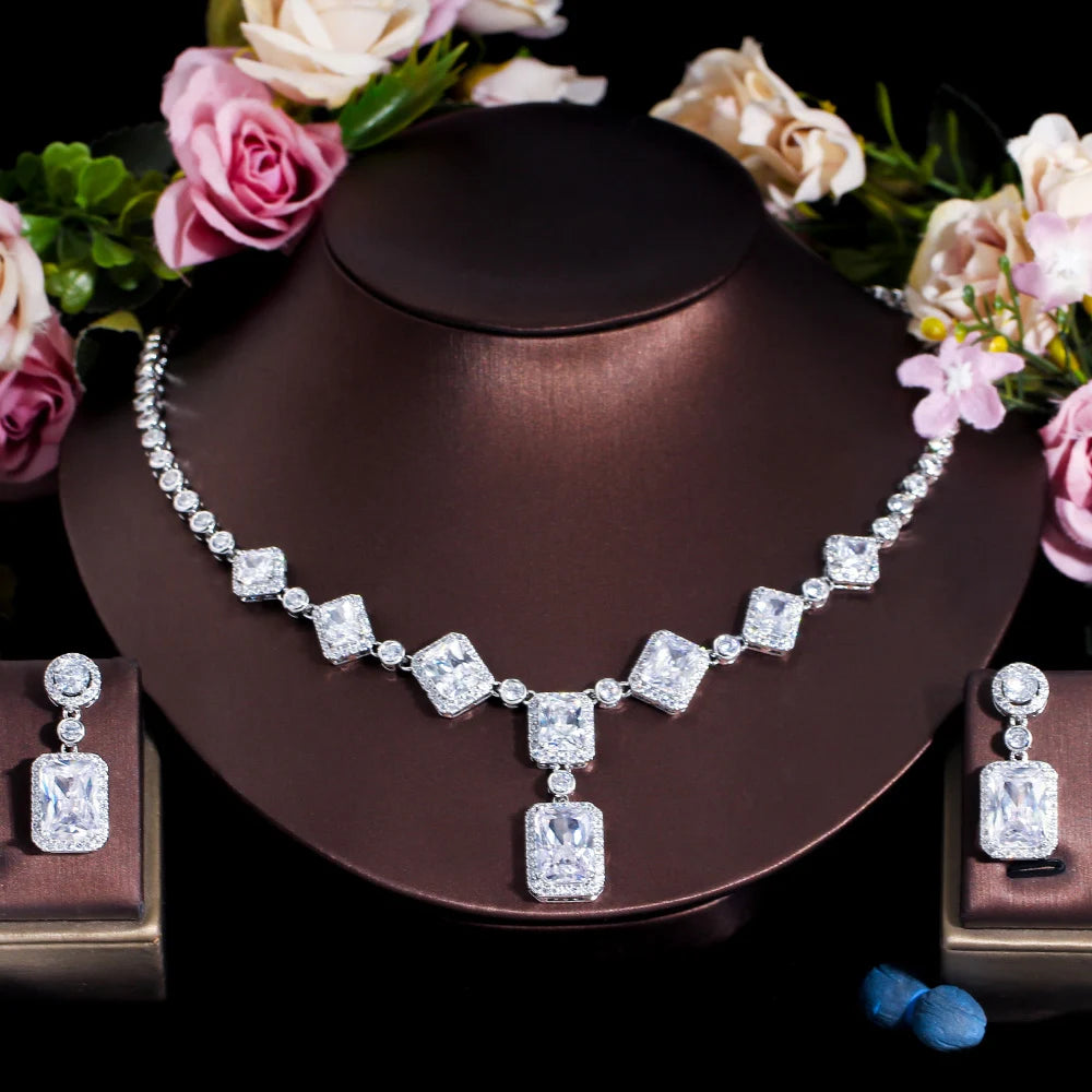 Bulk Luxury Purple Cubic Zircon Halo Setting Jewelry Set Copper Alloy Necklace and Drop Earrings for Women Wedding Party Gifts