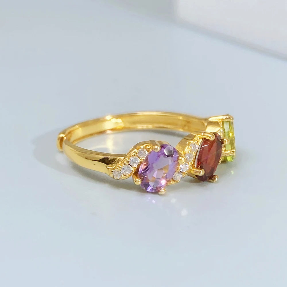 Gioiellieri Vintage Natural Gemstone Ring for Women S925 Sterling Silver Amethyst Garnet Peridot Jewelry Gift for Anniversary